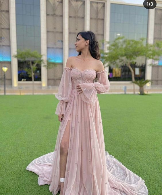Pink Tulle Sweetheart Neck Long Sleeves Prom Dress Evening Dress SH1012