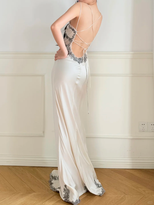 Vintage Simple A Line Straps Lace Appliques Ivory Satin Wedding Guest Dress Prom Dress SH5439