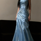 Elegant Blue Mermaid Strapless Layered Satin Long Prom Dress Evening Dress SH5107