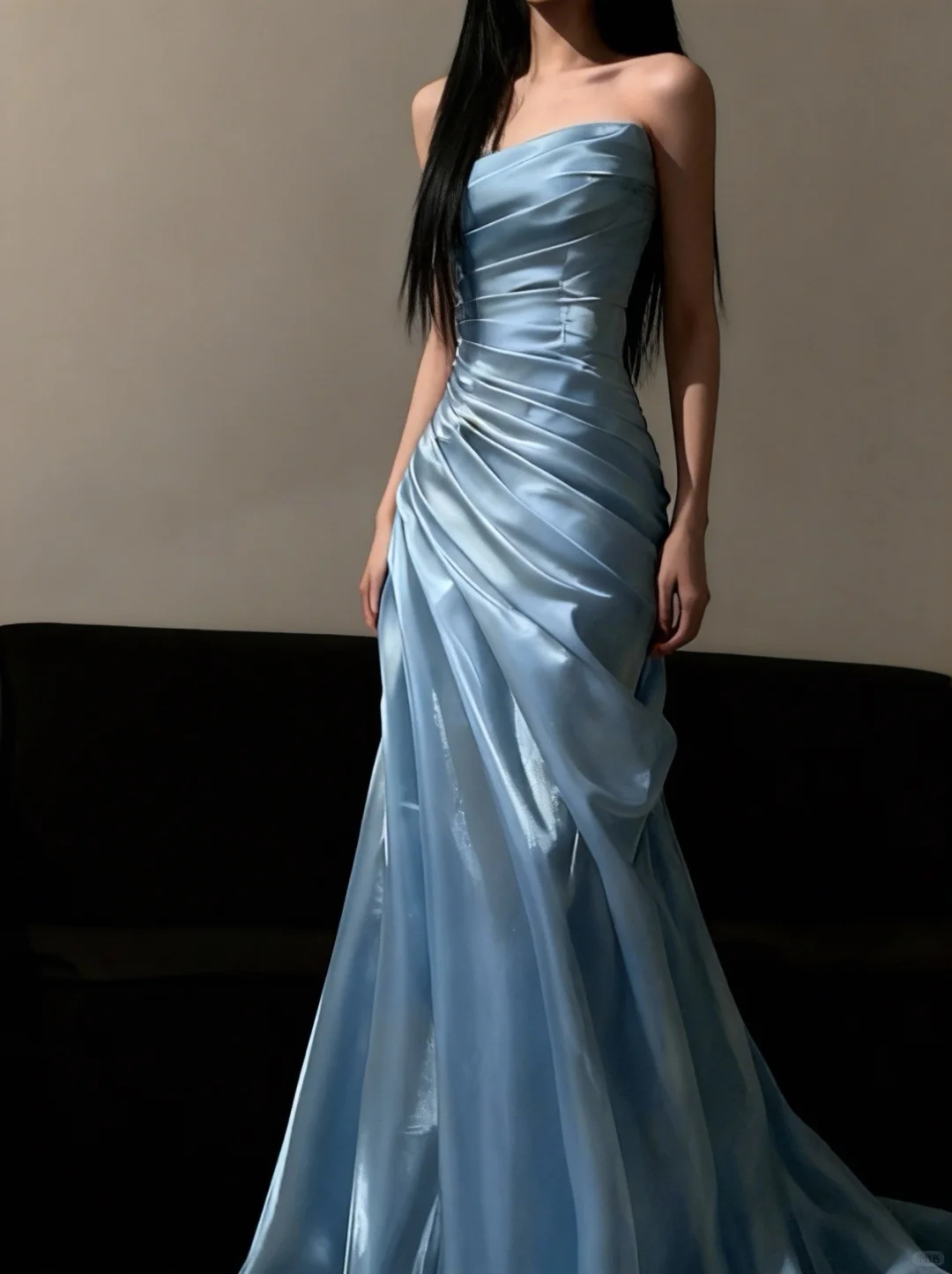 Elegant Blue Mermaid Strapless Layered Satin Long Prom Dress Evening Dress SH5107