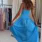 Blue Simple A Line Spaghetti Strap Satin Long Prom Dress 16th Birthday Dress SH4512