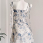 Gentle A Line Straps Blue Print Flower Chiffon Short Homecoming Dress Cocktail Dress SH3054