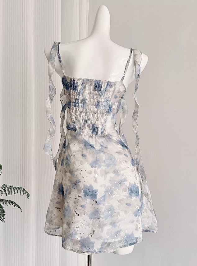 Gentle A Line Straps Blue Print Flower Chiffon Short Homecoming Dress Cocktail Dress SH3054