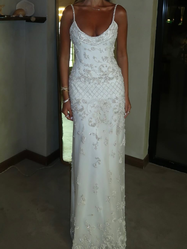 Exquisite A Line Spaghetti Strap Pearl Beaded White Tulle Prom Dress Wedding Guest Dress SH4721