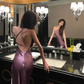 Sexy Purple A Line One Shoulder Satin Open Back Prom Dress Evening Dress Date Dress with Slit SH4905