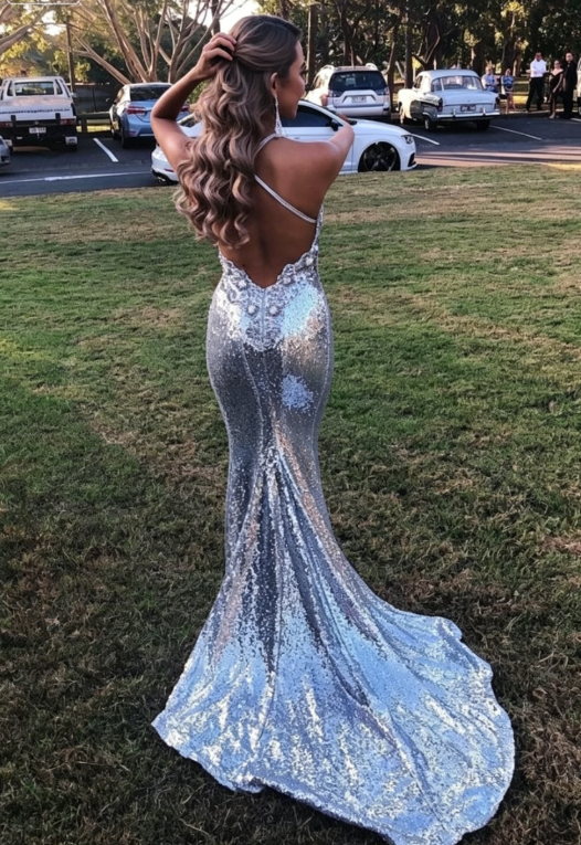 Shiny Sexy Mermaid Straps Silver Sequin Evening Dress Pretty Prom Dresses P7684