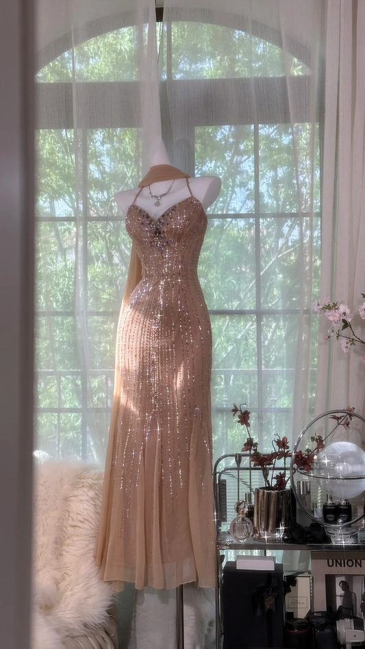 Vintage Mermaid Spaghetti Straps Beaded Chiffon Prom Dress SH5200