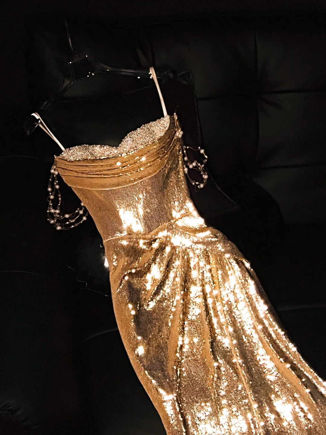 Shiny A Line Sweetheart Neck Beaded Pearl Gold Sequin Prom Dress Party Dress SH3235