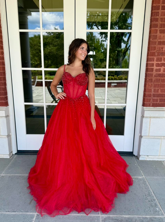 Charming Red Ball Gown Spaghetti Strap Beaded Corset Tulle Long Prom Dress Evening Dress SH6586