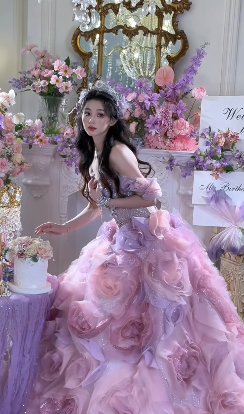 Princess Purple Ball Gown Off the Shoulder Floral Tulle Long Sweep Prom Dress 16th Birthday Dress SH4649