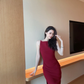 Burgundy Sheath Round Neck Satin Prom Dress Evening Dress Party Dress SH4218