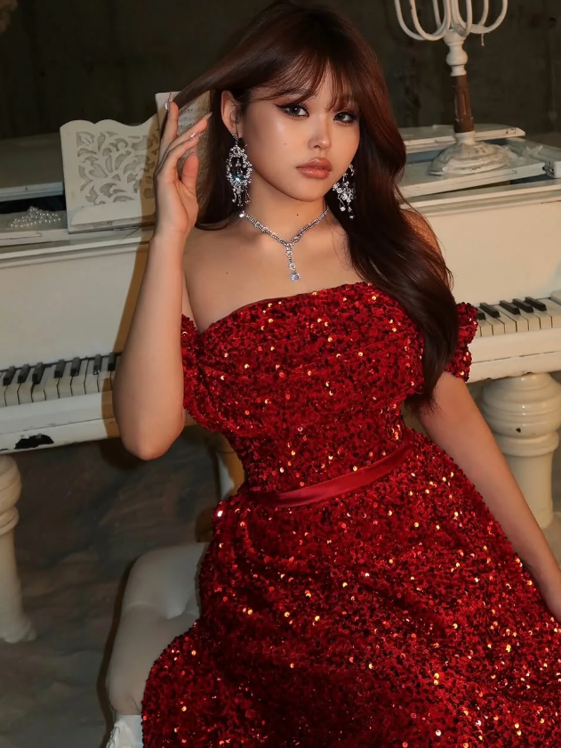 Shiny A Line Off the Shoulder Sequin Long Prom Dress Evening Dress SH7313