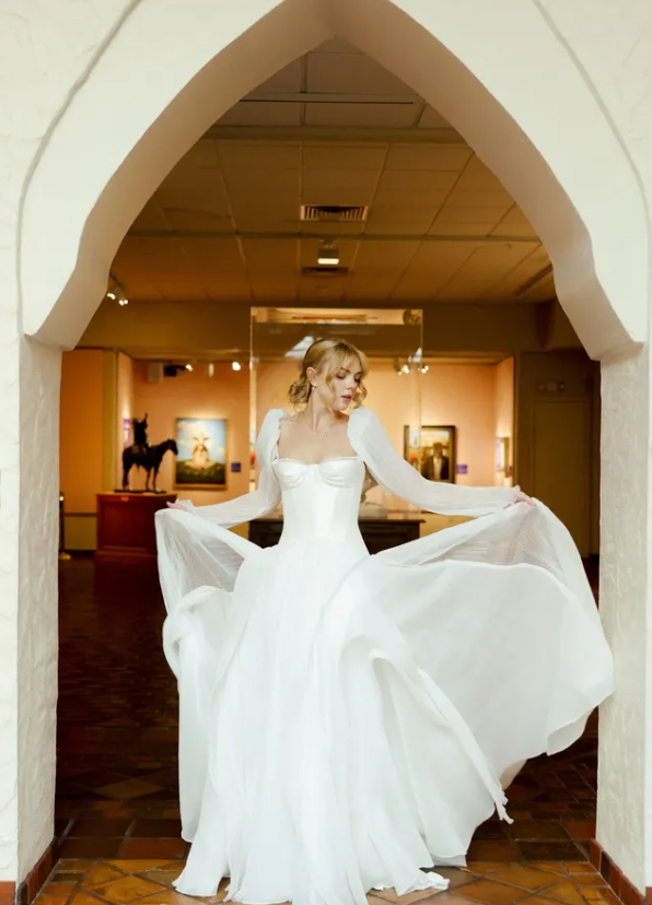 Cute White A Line Long Sleeve Organza Long Wedding Dress SH7343