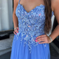 Beautiful A Line Spaghetti Strap Blue Appliques Tulle Prom Dress Party Evening Dress SH7249