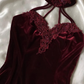 Vintage Burgundy Sheath Halter Velvet Knee Length Prom Dress Evening Dress SH6341