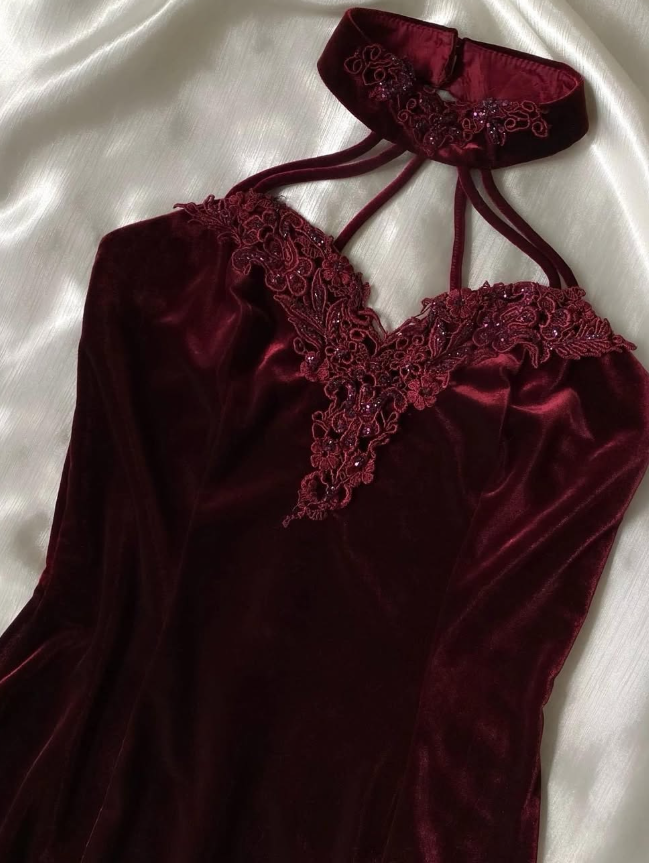 Vintage Burgundy Sheath Halter Velvet Knee Length Prom Dress Evening Dress SH6341