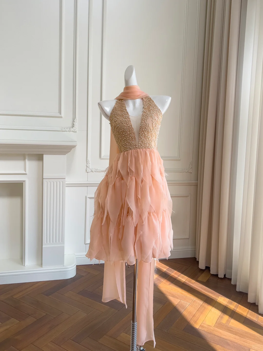 Fairy A Line V Neck Beaded Layered Pink Chiffon Short Homecoming Dress Cocktail Dress SH3009