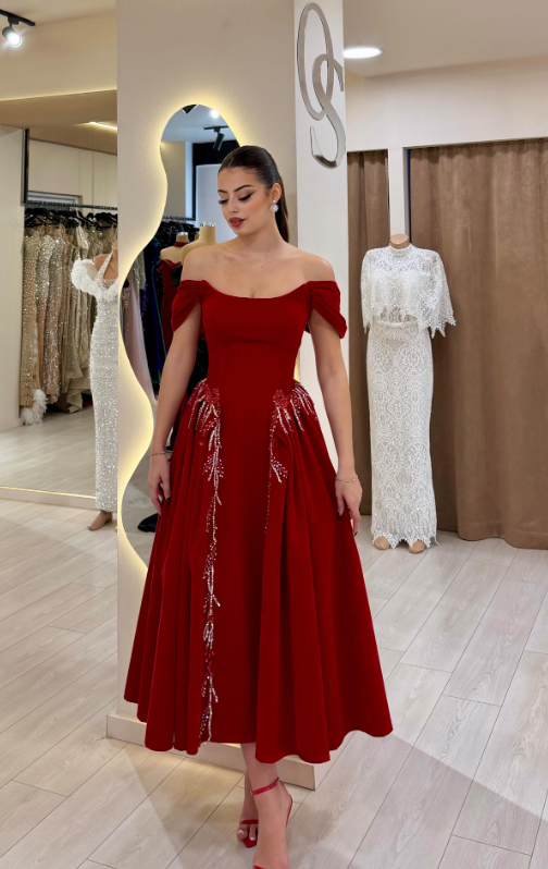Gentle A Line Off the Shoulder Red Beaded Velvet Long Prom Dress SH5303