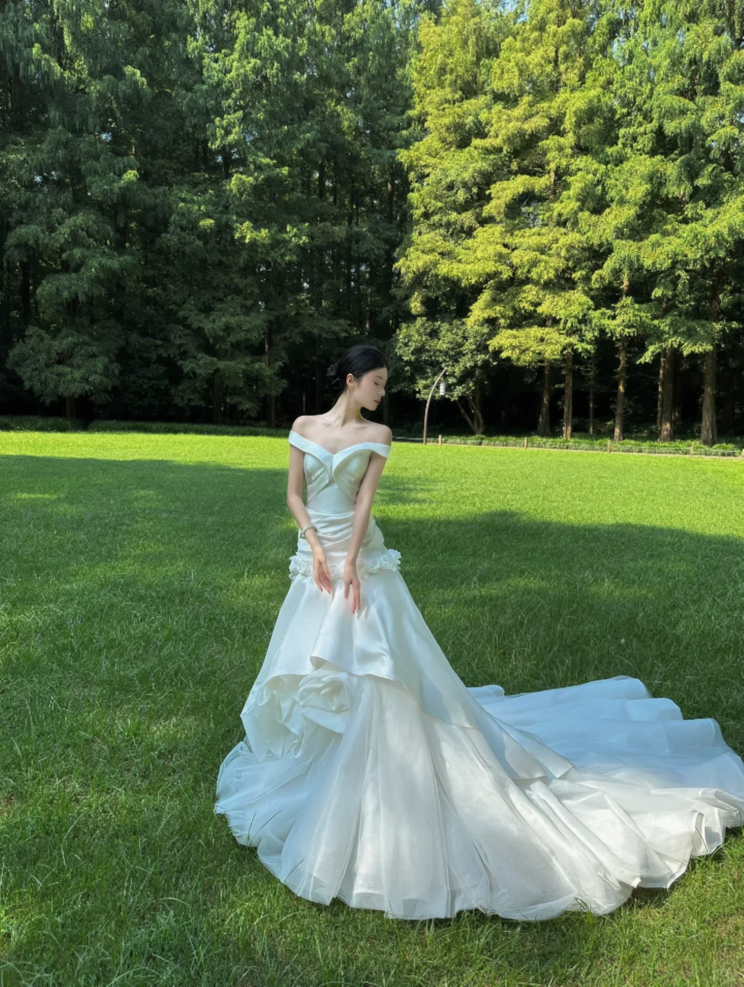 Pretty Mermaid Off the Shoulder White Floral Satin Tulle Long Prom Dress Wedding Dress SH3964