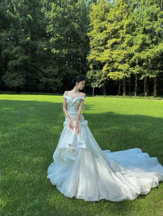 Pretty Mermaid Off the Shoulder White Floral Satin Tulle Long Prom Dress Wedding Dress SH3964