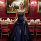 Vintage Navy Blue Exquisite Floral Long Satin Ball Gown Evening Dress Prom Dress SH4823