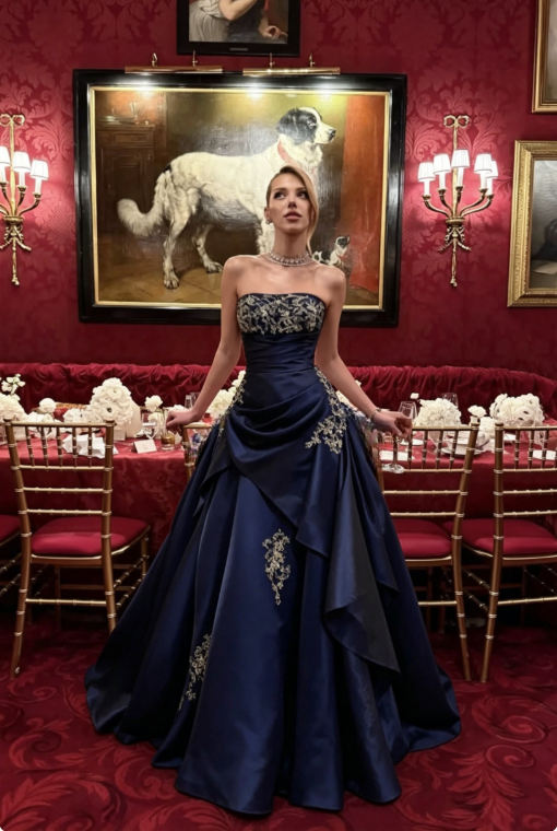 Vintage Navy Blue Exquisite Floral Long Satin Ball Gown Evening Dress Prom Dress SH4823