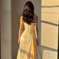 Princess Yellow A Line Off the Shoulder Beaded Satin Long Prom Dress Evening Dress SH6745