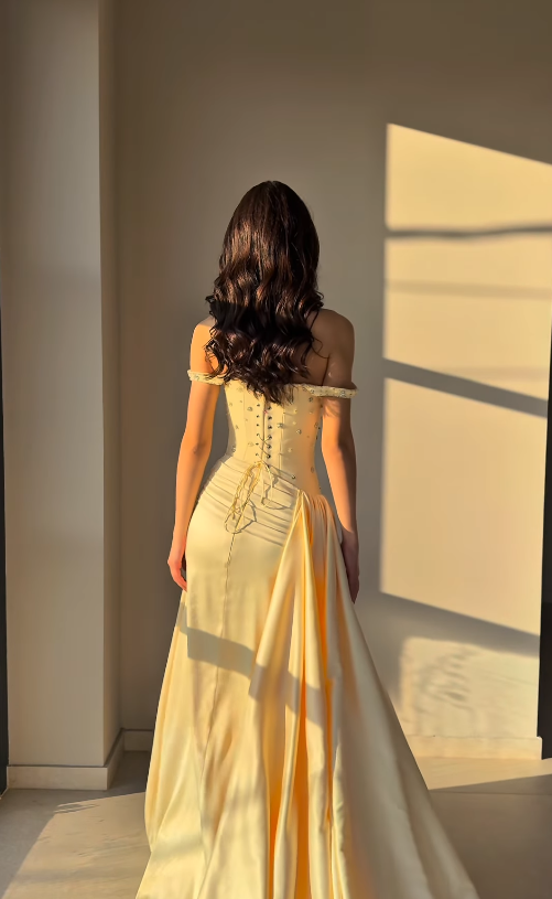 Princess Yellow A Line Off the Shoulder Beaded Satin Long Prom Dress Evening Dress SH6745