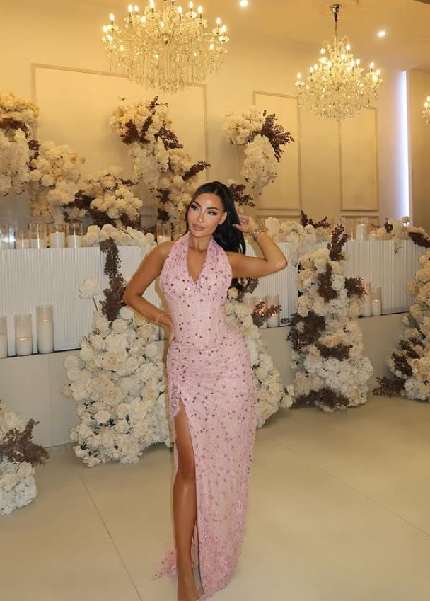 Charming Rhinestone Sheath Halter Pink Tulle Prom Dress Evening Dress SH6547