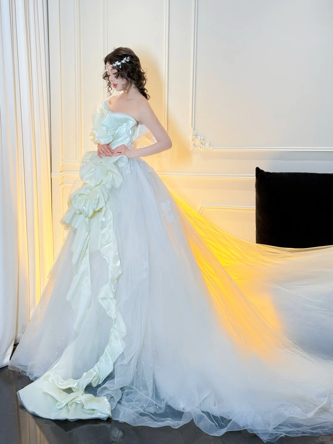 Stunning Ball Strapless White Ruffle Satin Tulle Long Prom Dress Party Dress SH4690