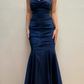 Vintage Mermaid Sweetheart Neck Beaded Navy Blue Satin Prom Dress Evening Dress SH2077