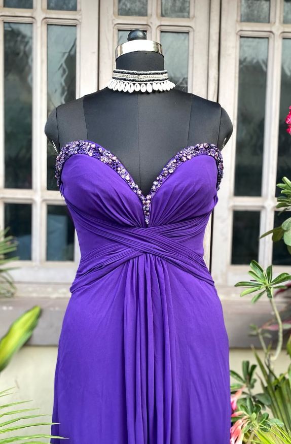 Purple A Line Sweetheart Neck Rhinestone Chiffon Long Prom Dress Evening Dress SH1850