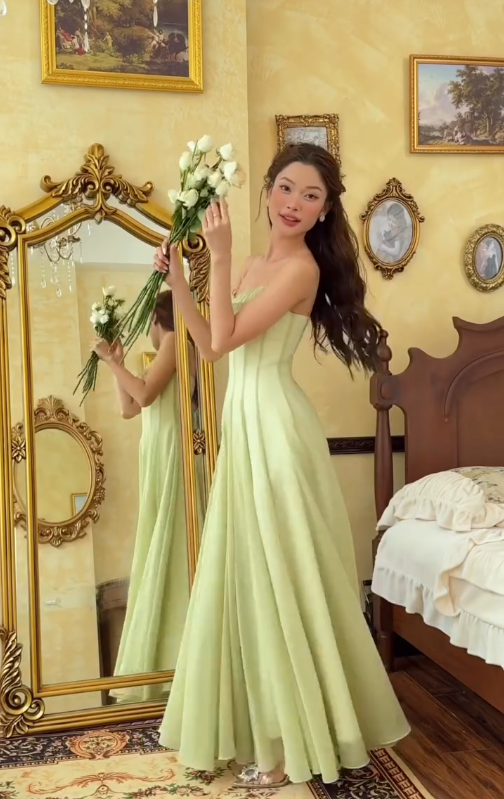 Green A Line Spaghetti Strap Chiffon Long Prom Dress Outfits SH4778