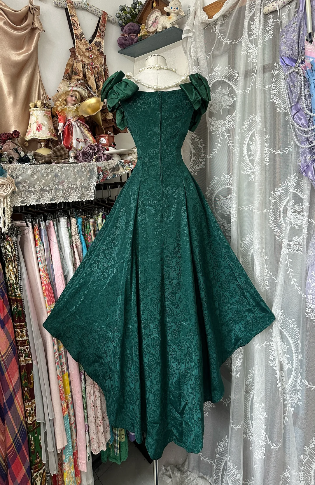 Green Vintage A Line Off the Shoulder Print Floral  Satin Long Prom Dress SH5257
