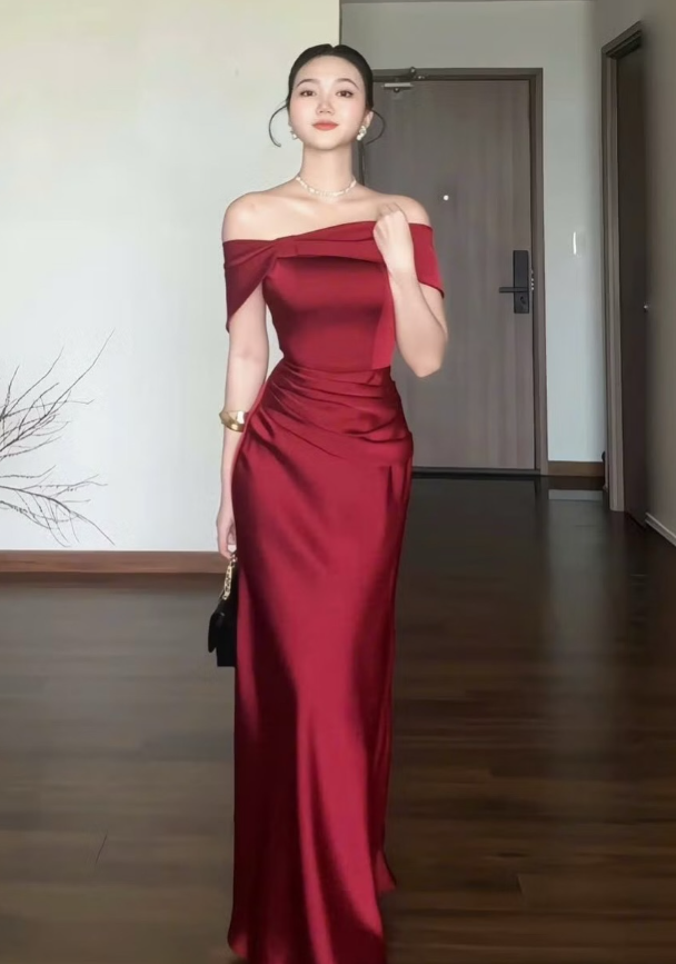 Elegant Sheath Off the Shoulder Burgundy Satin Long Prom Dress SH5294