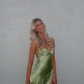 Green Simple A Line Spaghetti Straps Satin Open Back Prom Dress Evening Dress with Slit SH3784