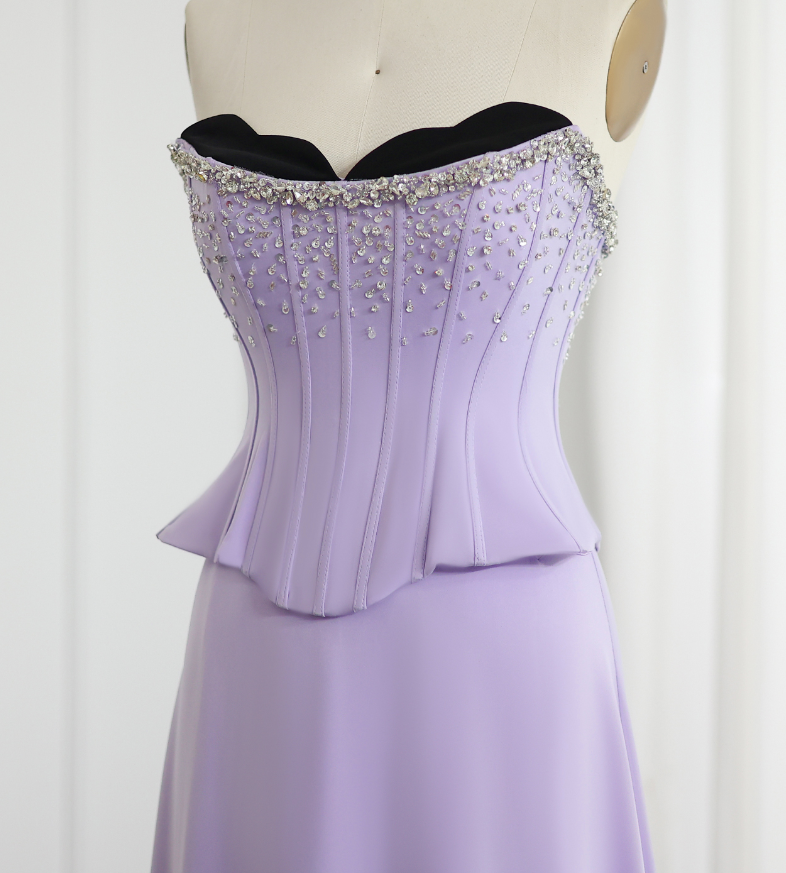 Lilac A Line Sweetheart Neck Beaded Satin Chiffon Long Prom Dress Evening Dress SH2370