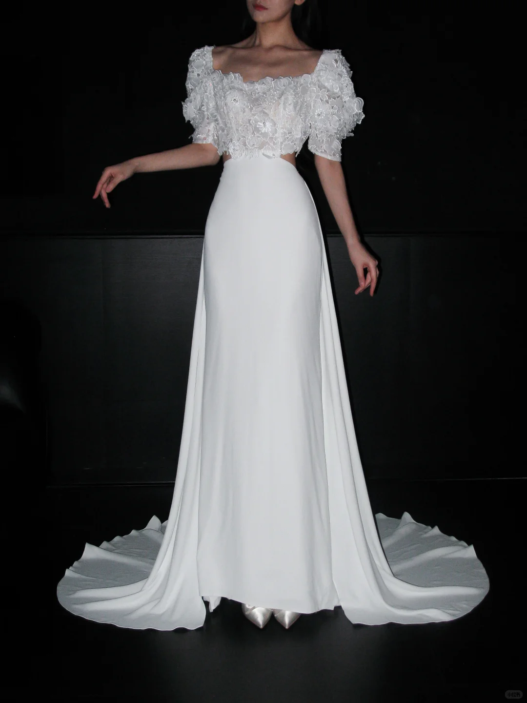 Cute Puff Sleeve A Line White Lace Satin Long Wedding Dress SH5978