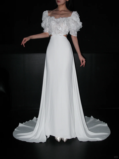 Cute Puff Sleeve A Line White Lace Satin Long Wedding Dress SH5978