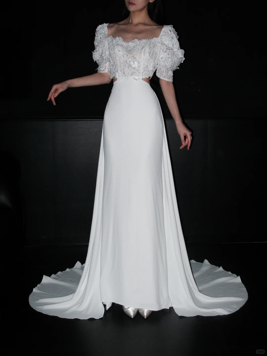 Cute Puff Sleeve A Line White Lace Satin Long Wedding Dress SH5978