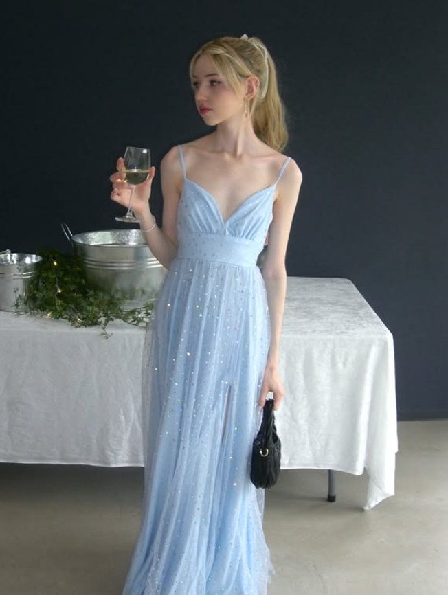 Baby Blue A Line V Neck Sequin Satin Tulle Long Prom Dress Date Dress SH6508