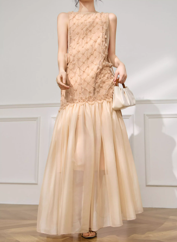 Simple Apricot A Line Round Neck Floral Tulle Prom Dress Outfits SH4731