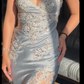 Vintage Sheath Spaghetti Strap Lace Baby Blue Satin Party Dress Evening Dress with Slit SH3346