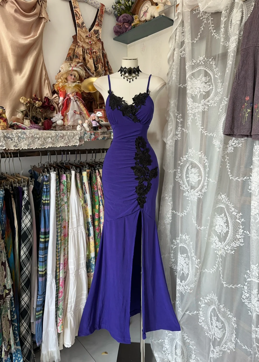 Purple Vintage Mermaid Straps Black Appliques Chiffon Graduation Prom Dress with Slit SH5367