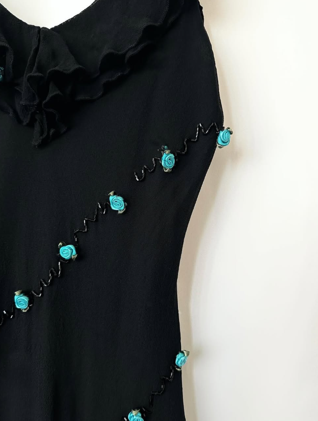Vintage Blue Floral Black Beaded Ruffles Chiffon Prom Dress Evening Party Gowns SH3537