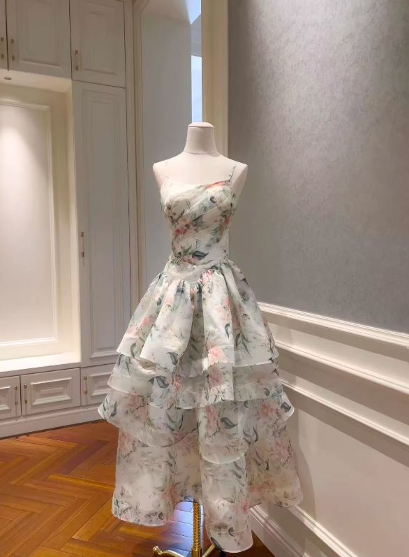 Print Floral A Line Straps Layered Chiffon Prom Dress Outfits SH5156