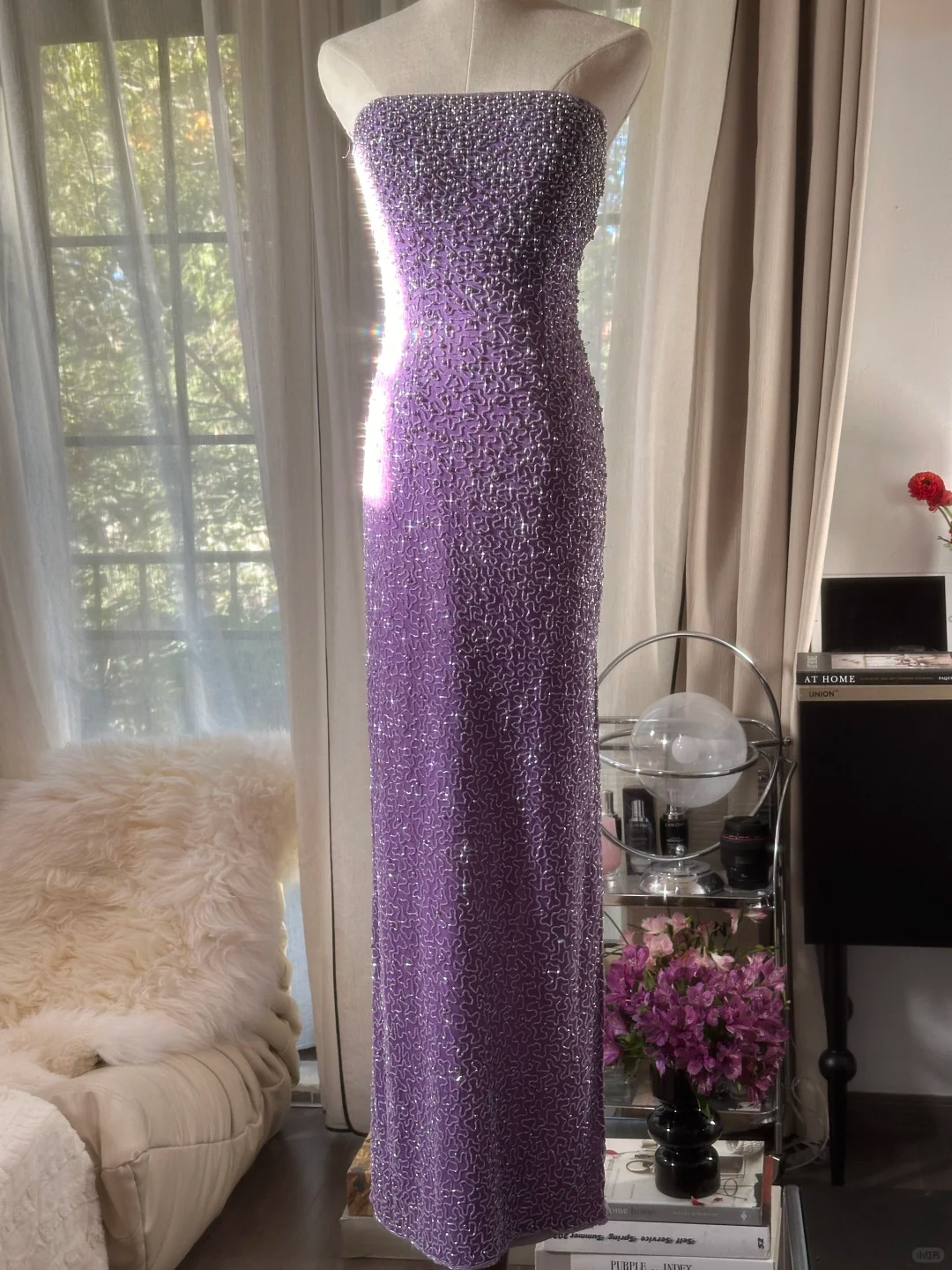 Shiny Sheath Strapless Beaded Purple Chiffon Long Party Dress Evening Dress SH2933