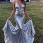 Shiny Sexy Mermaid Straps Silver Sequin Evening Dress Pretty Prom Dresses P7684