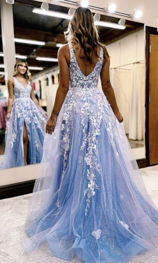 Shiny Blue Tulle Appliques Slit Prom Dress Evening Dress SH997