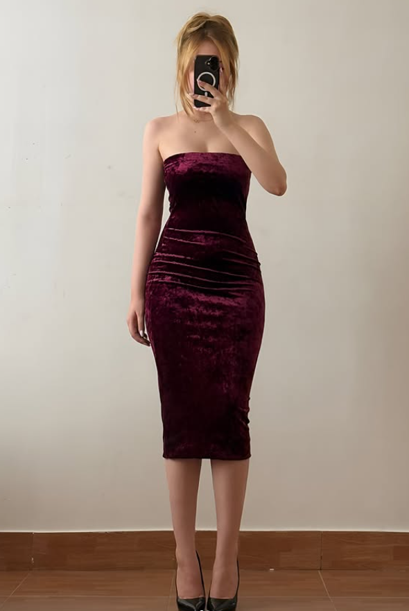 Simple Burgundy Sheath Strapless Velvet Prom Dress Evening Dress SH6877